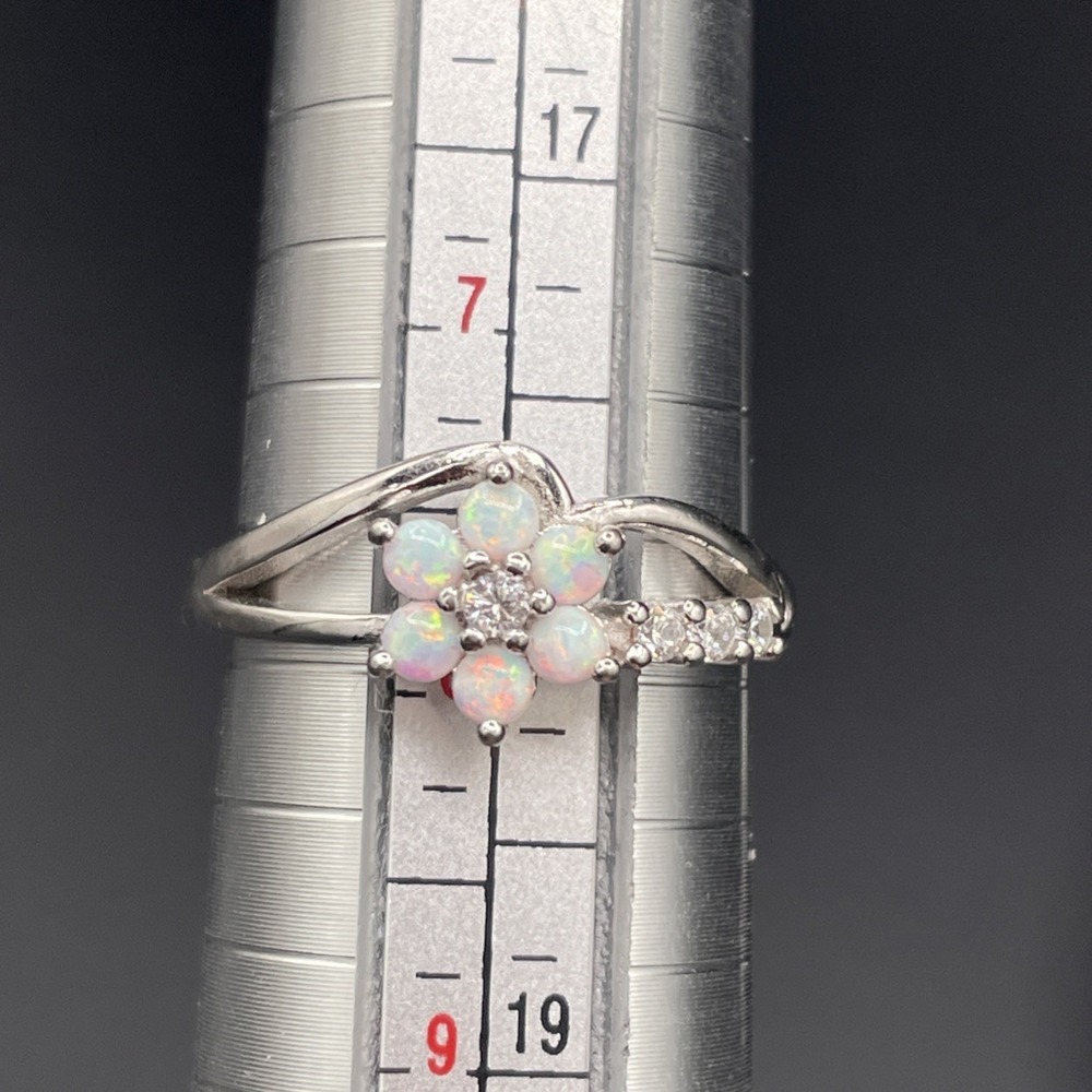 Sterling Silver 925 Opal CZ Flower Ring Size 7.75 Prong Setting 6 Petal Bypass